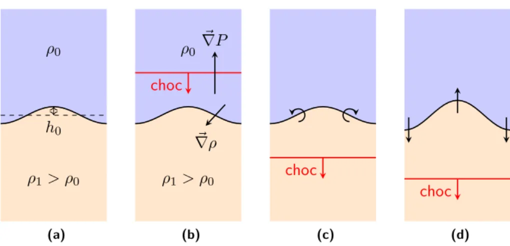 Figure 2.5 – Principe de formation de l’instabilité de Richtmyer-Meshkov aux premiers instants
