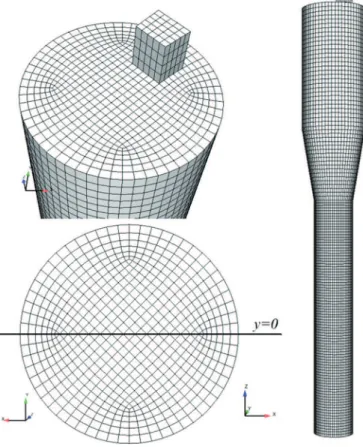 Fig. 2. Mesh geometry with 80245 hexahedra. Right: front view, top-left: the chimney and bottom-left: distribution plate.