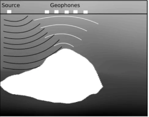 Figure 1: Acoustic waves propagated by a source are reflected by a reflective layer (in white) and are detected by the geophones
