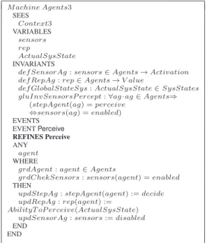 Figure 16 shows an excerpt from the Agents3 machine that refines the Agents2 machine. The gluInvSensorsP ercept invariant is a gluing invariant making connection between the perception and the activation of the agent’s sensors