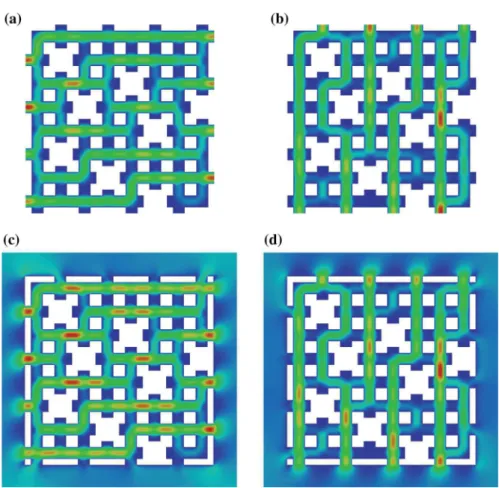 Fig. 11 Illustrations of velocity field magnitudes for a, b quarter of configuration P s and c, d full config- config-uration E (the flow is horizontal for a, c and vertical for b, d)