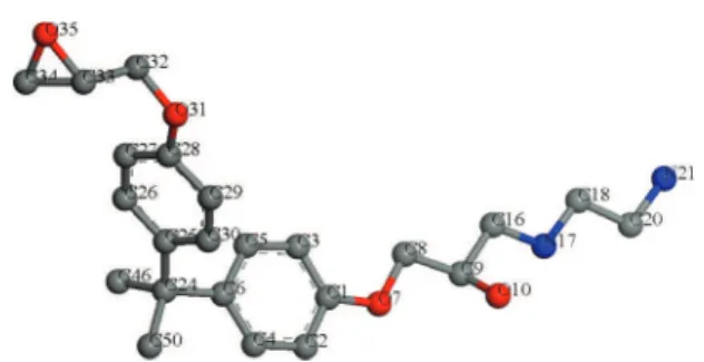 FIG. 1. Model dimer made of 1 diglycidylether of bisphenol A (DGEBA) and 1 ethylene diamine (EDA) molecules, through the reaction of one NH 2