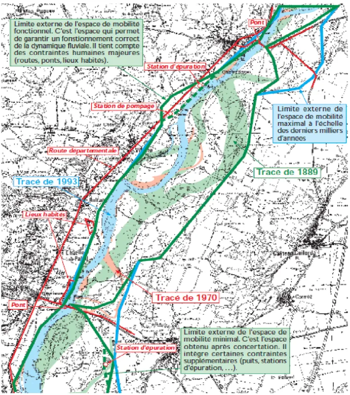 Figure 3.3    Cartographie  des  trois  espaces  de  mobilité, tel  que  préconisé  par  le  Guide technique  SDAGE n° 2 de l’Agence l’eau Rhône-Méditerranée et Corse (tiré de Malavoi, 1998, p