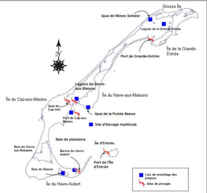 Figure 1.4 Identification des sites de détection des tuniciers (tiré de Comité ZIP des  Îles-de-la-Madeleine, 2009, p