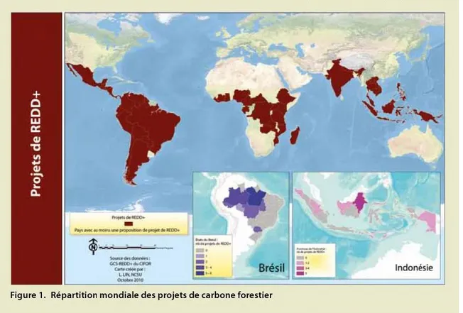 Figure 2.2   Répartition mondiale des projets de carbone forestier  (tiré de : Jagger, 2011, p