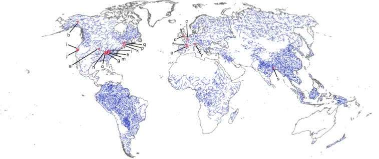 Figure 1. Map showing hydraulic model locations. The rivers shown are those estimated to be greater than 50 m in width, slightly adapted from the analysis of Pavelsky et al