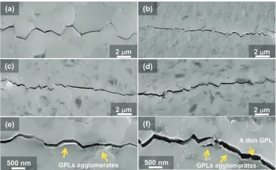 Fig. 4. FEG-SEM micrographs of in-plane crack paths (created by indentation) of (a) monolithic Al 2 O 3 and of GPLs/Al 2 O 3 nanocomposites with (b) 3 vol.%, (c) 5 vol.%, (d) 7 vol.% GPLs, (e) 10 vol.%, and (f) 15 vol.% GPLs