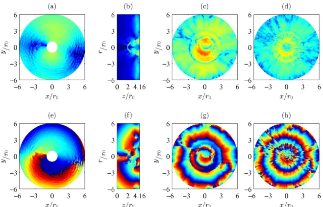 Figure 3. Amplitude (top) and phase (bottom) fields obtained for JetL4 at the tone frequency St 1 = 0.375; from pressure (a,e) at z = 0, (b,f ) at θ = 0 and (c,g) at z = L; from density (d,h) at z = L.