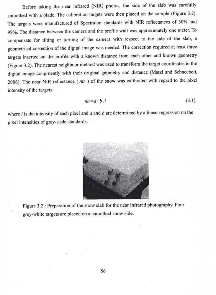 Figure 3.2.: Preparation ofthe snow slab for the near infrared photograph) Four grey-white targets are placed on a smoothed SIIOW side.