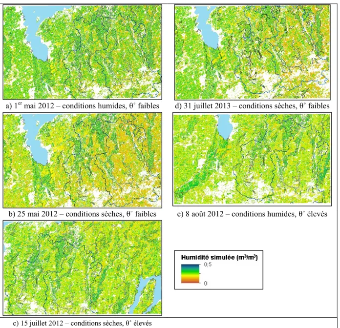 Figure 5.10 Carte d’estimation de l’humidité du sol avec avec RNA θ˚, σ˚HH, pentec) 15 juillet 2012 – conditions sèches, θ˚ élevés 