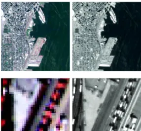 Fig. 1. Observed MS and PAN images (top) with their zoomed parts (bottom). -0.00500.0050.010.0150.020.025 MS bands