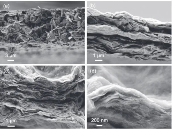Fig. 1. Scanning electron microscope images of (a) rolled Ti 3 C 2 T X “clay”, (b) d-Ti 3 C 2 T X and (ced) CNT-Ti 3 C 2 T X electrode ﬁlms.