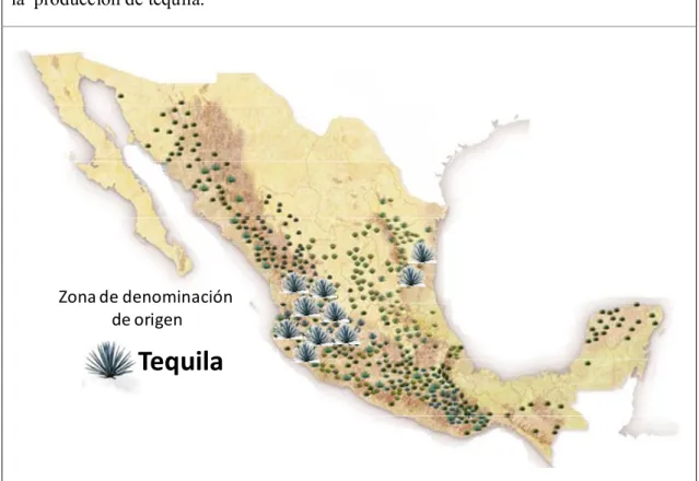 Figura 2.1. Mapa de México donde se aprecia la zona de denominación de origen para  la  producción de tequila