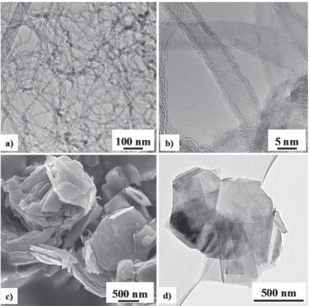 Fig. 1. TEM images of the CNTs (a and b) and FESEM image (c) and TEM image (d) of graphite flakes.