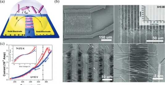Figure 8. (a) Schematic representation of the dielectrophoresis process used to align [Fe(Htrz) 2 (trz)] (BF 4 ) particles between electrodes; (b) SEM images of a device with the insert showing the orientation order parameter; (c) Temperature dependence of