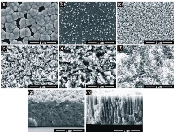 Fig. S-6: Micrographies MEB de la surface de films de Fe déposés à (a) 130 o C, (b) 150 o C, (c) 170 o C, (d) 190 o C,  (e) 200 o C et (f) 240 o C