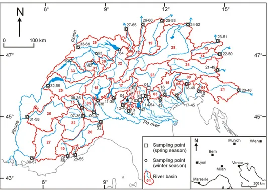 Fig. 2. Selected Alpine drainage basins and location of the sampling points.
