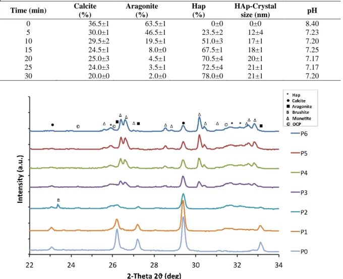Table 2: Quantification for HA-A experiment showing the amount of precipitated  phases and  growth of HAp  phase 