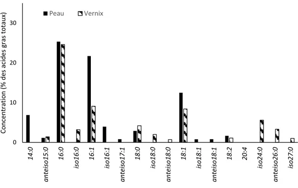 Figure 1.9. Profil comparatif des principaux acides gras de la peau et du vernix chez l’humain