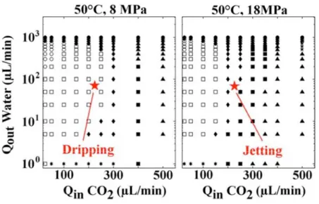 Figure 35 : Comparaison des cartes d'écoulement obtenues à 50 °C pour des pressions de 80 et 180 bar [92]