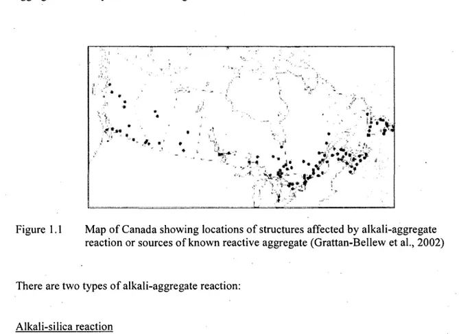 Figure 1.1 Map of Canada showing locations of structures affected by alkali-aggregate  reaction or sources of known reactive aggregate (Grattan-Bellew et al., 2002) 