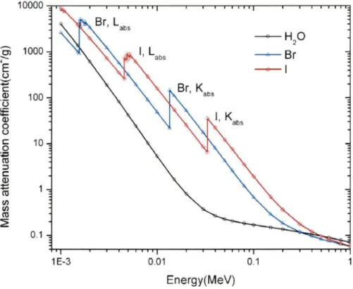 Figure 3 Mass attenuation coefficients for H 2 0 , Br and I (Adapted from Hubbel and  Seltzer, 2010)