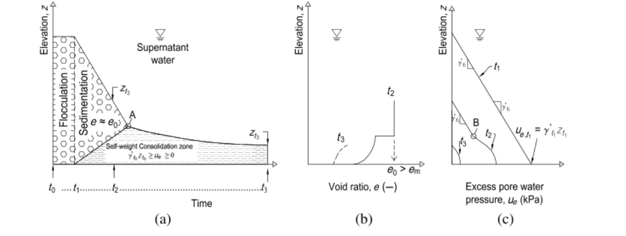 FIG. 1 Schematic representation of flocculation, sedimentation, and self-weight consolidation processes of a slurry in a settling column with an impervious bottom and without channeling and segregation