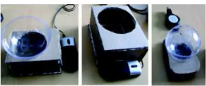 Figure 7: Cardboard prototypes of RPM2: the mouse is on the  right side (left), on the back (center) or under (right) RPM