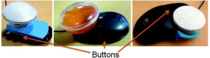 Figure 8: Different versions of the (A←B) compound device,  from left to right: based on a 3D printed support (prototype  v2), carved on the center of the mouse (prototype v3a) and 