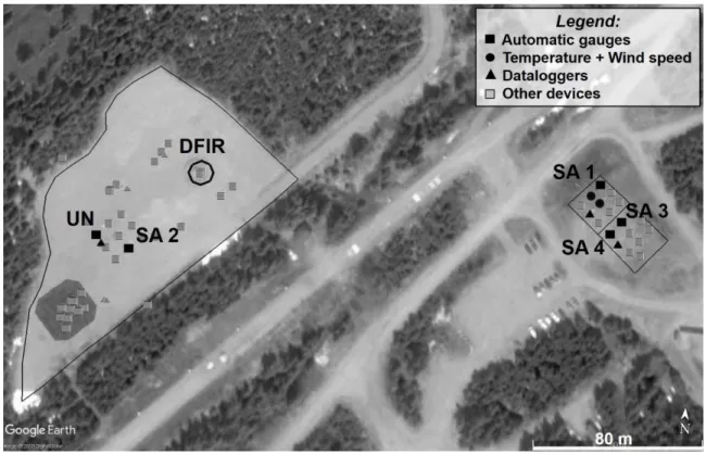 Figure 1.1:  Map of the Neige site and location of the automatic and manual sensors used in the present study  (black) and other devices (grey)