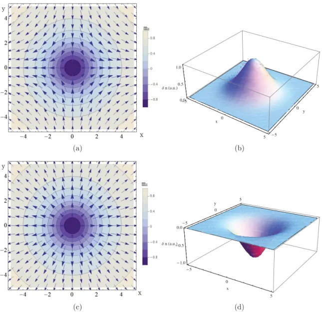 Figure 1: (a) The spin texture projected to the x − y plane of a skyrmion, and (b) the density proﬁle δn = n skyrmion − n groundstate of a skyrmion