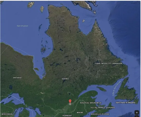 Figure  2.1 :  Carte  satellite  de  l’est  du  Canada.  Le  point  rouge  sur  la  carte  indique  l’emplacement du Centre de recherche en sciences animales de Deschambault