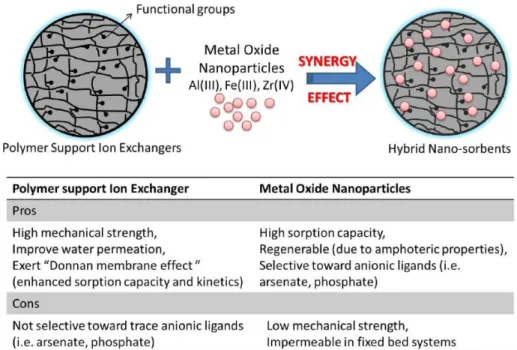 Figure 3. Synergy effect between metal oxide nanoparticles and polymeric ion exchange resin   (Adapted from Padungthon, 2013)