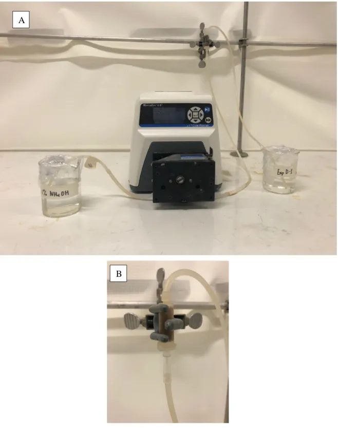 Figure 5. a) Microcolumn set-up showing the influent and effluent collection receptacles and a  peristaltic pump used and b) a close-up of the micro-scale column 