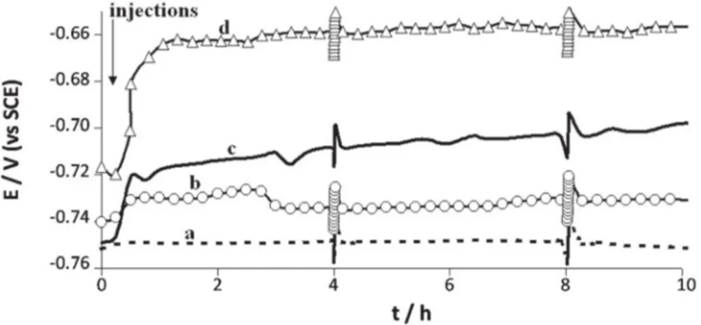 Fig. 1. Open circuit potential versus time for 1145 carbon steel electrode immersed in anaerobic 10 mN phosphate solution pH 7.2, with or without addition of hydrogenase