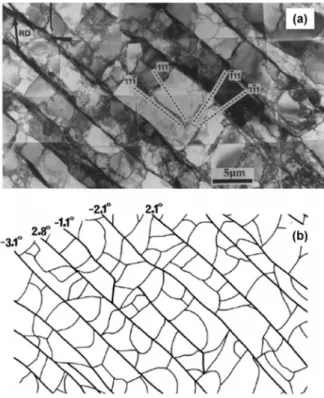 Figure I -  14. (a) Image MET d’une structure de blocs de cellule dans un grain d’un échantillon laminé prélevé  dans le sens longitudinal