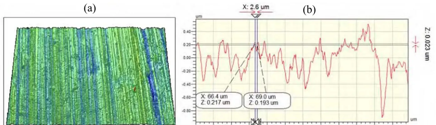 Figure 2.34 : Topographie de la surface d’un échantillon en CuSn6 (181 × 238 µm)  (a) image 3D de la surface ; (b) extraction d’un profil 2D