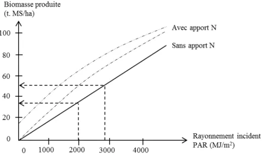 Figure 1-1. Représentation schématique de la fonction d’accumulation de biomasse en fonction du  rayonnement incident après une coupe sévère (biomasse initiale nulle) ou partielle (biomasse initiale 