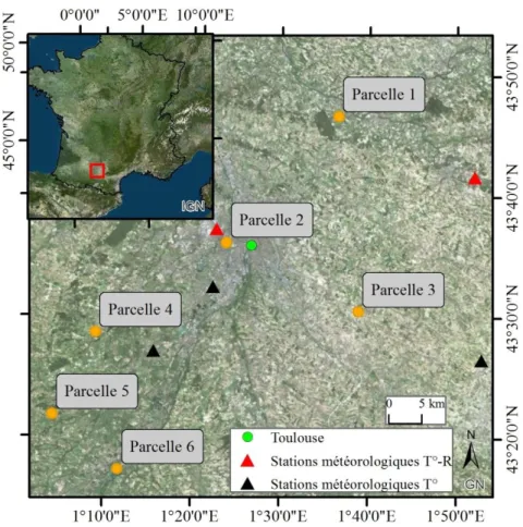 Figure 2-1. Localisation des parcelles de prairies étudiées et des stations météorologiques utilisées  pour caractériser les conditions climatiques locales (T°: température; R: rayonnement)