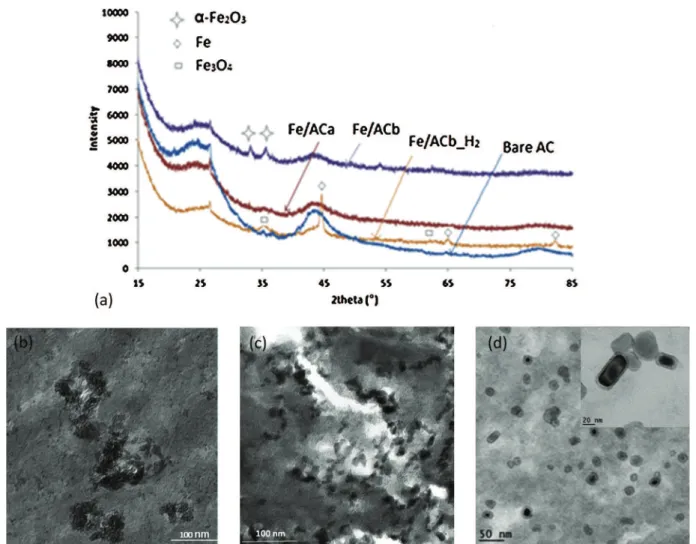 Fig. 1. Iron (oxide) catalysts: (a) X-ray diffractograms of Fe impregnated and bare ACs, and TEM micrographs of (b) Fe/ACa, (c) Fe/ACb, (d) Fe/ACb H 2 .