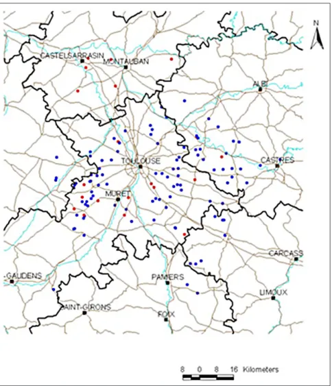 Fig. 1. Map locating the plots used in 2009. All the plots were located around Toulouse (South West France)