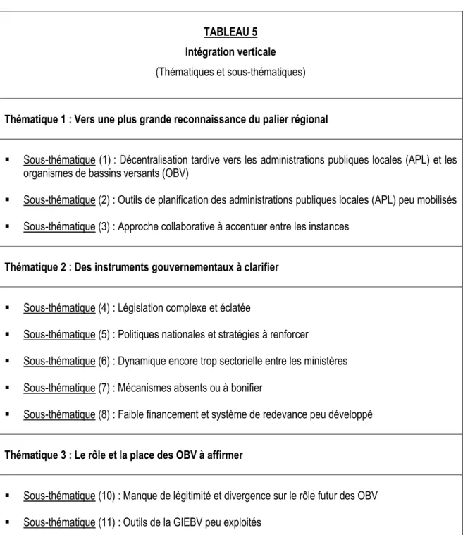 TABLEAU 5  Intégration verticale   (Thématiques et sous-thématiques) 