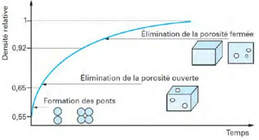 Figure I- 33 Evolution de la densité relative du matériau au cours du frittage [164]. 