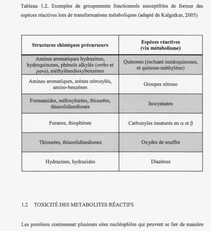Tableau  1.2.  Exemples  de  groupements  fonctiom1els  susceptibles  de  former  des  espèces réactives  lors de  transfom1ations métaboliques (adapté de  Kalgutkar, 2005) 
