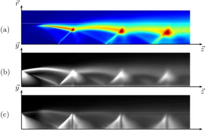 Figure 9. Maps of standard deviation of (a) density, (b) the gray level g y in the schlieren image with horizontal knife-edge  f ≡ ∂ρ ∂y  , (c) the gray level g z in the schlieren image with vertical knife-edge  f ≡ ∂ρ∂z  