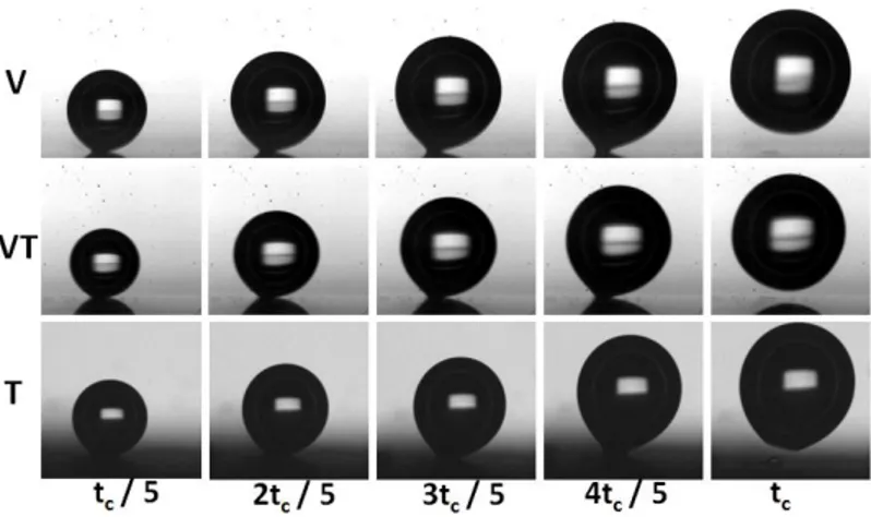 Figure 4.12 – Croissance d’une bulle sur une surface horizontale dans un écoulement cisaillé (Re=919) pour les trois substrats utilisés (de haut en bas sur la caméra 1 : Verre (t c = 0.26s), Verre traité (t c = 0.20s), Téflon (t c = 0.19s))
