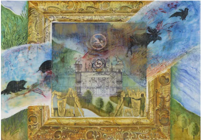 Figure 3 :  Paysage , 2016, aquarelle, encaustique, bâtons à l’huile, transfert d'images, feuille  d'or sur papier