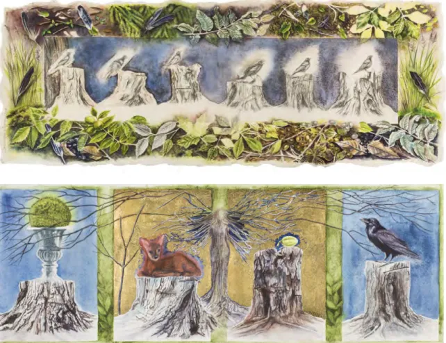 Figure 9 :  Dialogues avec l'arbre I et II , 2016, diptyque, aquarelle, mine de plomb, feuille  d'or sur papier Twinrocker