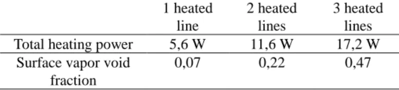 TABLE 1. Surface void fraction as a function of the total heating  power.  1 heated  line  2 heated lines  3 heated lines  Total heating power  5,6 W  11,6 W  17,2 W 