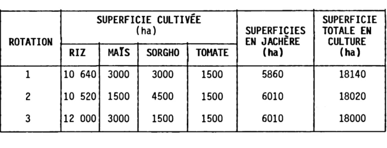 TABLEAU 2.2 : Comparaison des trois rotations retenues ROTATION SUPERFICIE CULTIVÉE (ha) SUPERFICIES EN JACHÈRE  (ha) SUPERFICIE TOTALE EN CULTURE (ha)RIZMAÏSSORGHOTOMATE